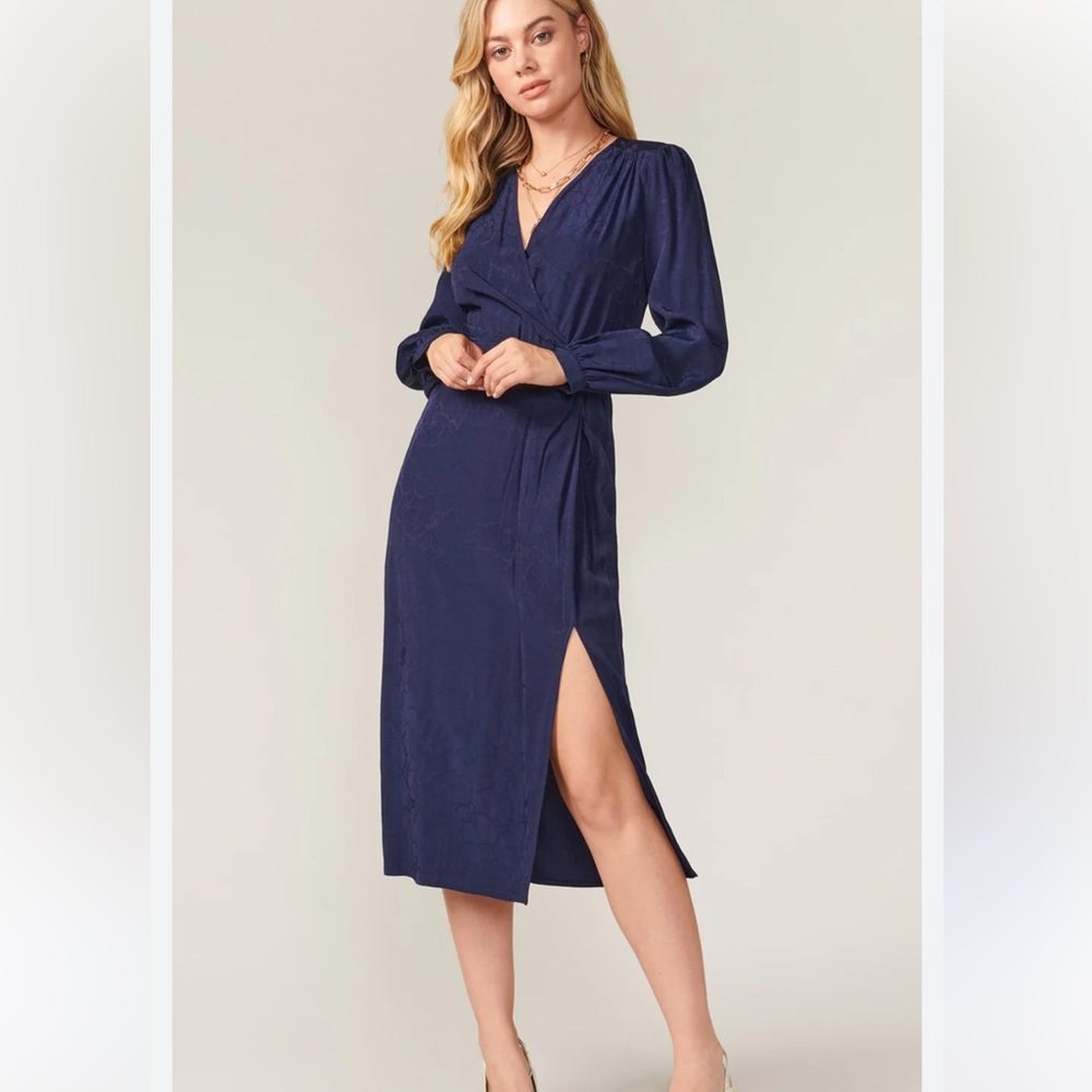 C15 Greylin‎ Dahlia Midi Dress Maxi Front Slit Navy Blue Long Sleeve Dress